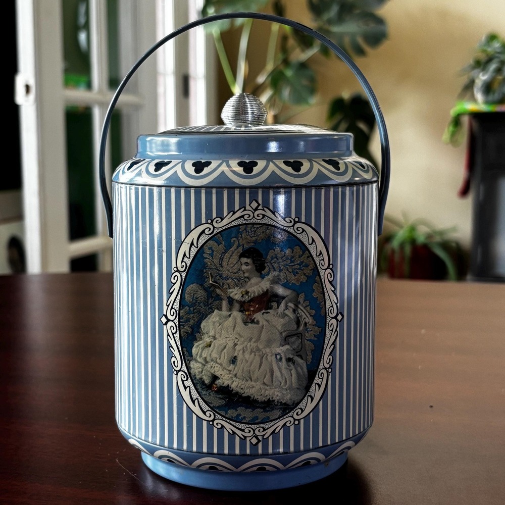 Vintage English Tin: Blue & White Striped Lady Portrait - Made in England